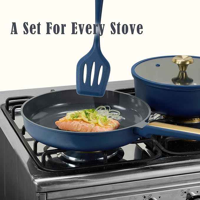 CAROTE Ceramic Cookwar Set, Pots and Pan Set Non Stick 18 Piece, Cookware Set Kitchen Cooking Set Non Toxic, PFAS PTFE Free, Blue