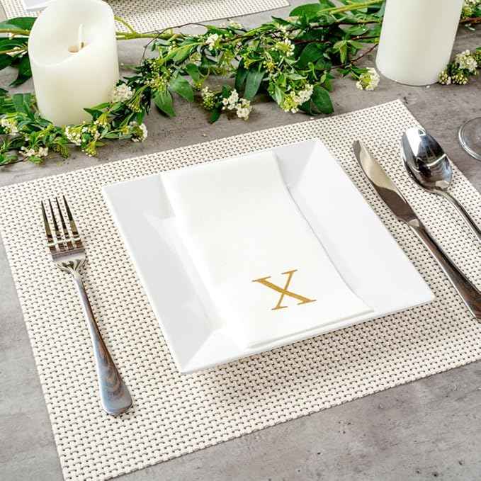 Luxenap 15.8 X 7.9 Inch Linen-Feel Guest Towels, 50 Lettered Hand Towels - Gold Letter 'X', Sans Serif Font, White Paper Dinner Napkins, airlaid, For Restrooms And Tables - Restaurantware