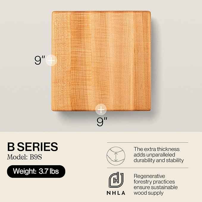 John Boos B Series Square Wooden Maple Cutting Board 9”x9” – 1.5” Thick, 3.7-lb Non-Reversible Butcher Block with Wood Bun Feet & Edge-Grain