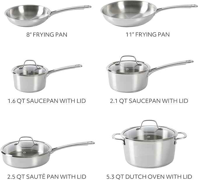 Sur La Table Kitchen Essentials Chef's Deck 10 Piece Stainless Steel Non Toxic Pots and Pans Kitchen Cookware Set w/Triply Encapsulated Base - Induction Safe