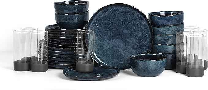 Stone + Lain Mirella 32-Piece Dinnerware and Glassware Set – Service for 8 – Includes Stoneware Plates, Bowls & 8 Tall Borosilicate Glasses – Deep Blue Reactive Glaze Finish