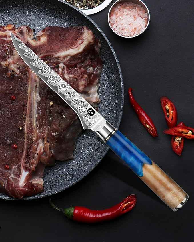 Damascus Boning Knife 6 Inch,VG10 Core Steel with 66-Layers High Carbon,Professional Boning Knives for Meat Poultry Chicken,Blue Resin & Wood Handle,Ideal Gift for Chefs and Cooking Lovers