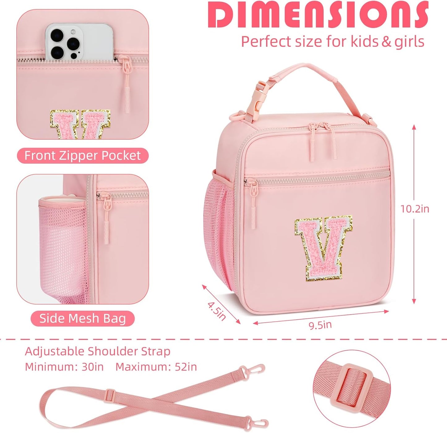 Initial Insulated Lunch Bag for Girls Kids, Back to School Gift, Reusable Leak-proof Lunch Box with Adjustable Strap for School Daycare Travel Picnic (Pink,V)