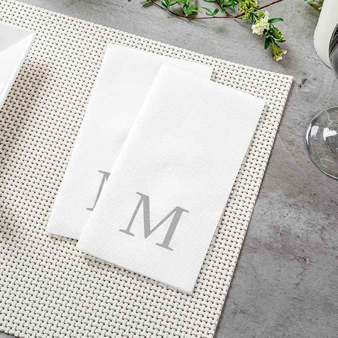 Luxenap 15.8 X 7.9 Inch Linen-Feel Guest Towels, 50 Lettered Hand Towels - Silver Letter 'M', Sans Serif Font, White Paper Dinner Napkins, airlaid, For Restrooms And Tables - Restaurantware