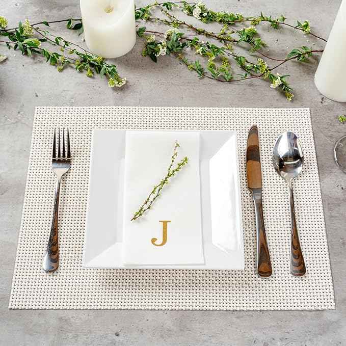 Luxenap 15.8 X 7.9 Inch Linen-Feel Guest Towels, 2000 Lettered Hand Towels - Gold Letter 'J', Sans Serif Font, White Paper Dinner Napkins, airlaid, For Restrooms And Tables