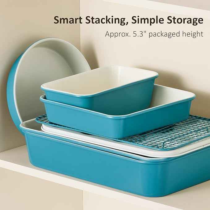 CAROTE 7-Piece Nonstick Ceramic Baking Pans Set - Bakeware Sets Including Cookie Sheets for Baking, Muffin Pan, Bread Pan, Cake pan, Loaf Pan, Roasting Pan, and Cooling Rack, LIght Blue & White