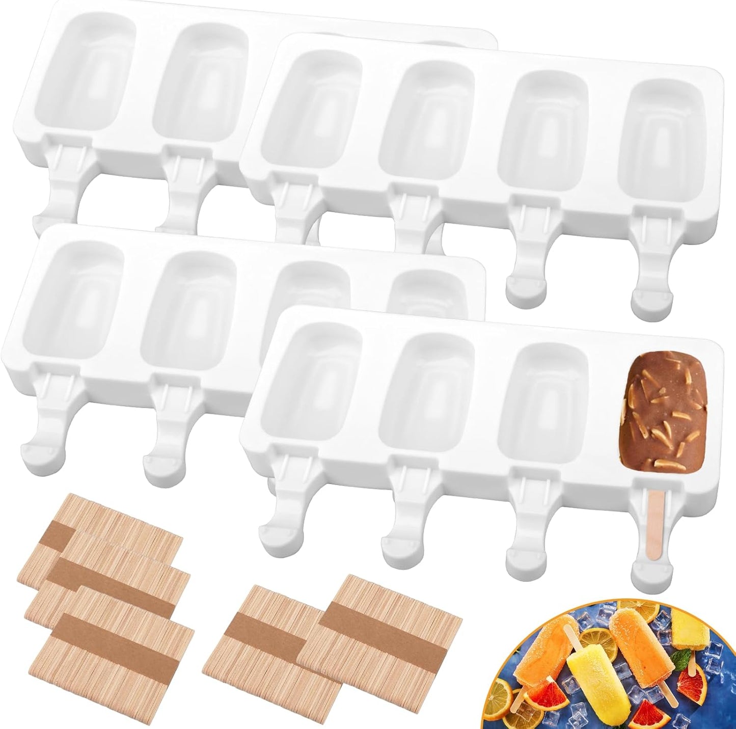 4 Set Silicone Popsicle Molds 4 Cavities Ice Cream Oval Cake Molds with 200 Sticks, Reusable Ice Pop & Cakesicle Mould forKids, DIY Frozen Treats, Summer Snacks, Parties Favors, Easy Release