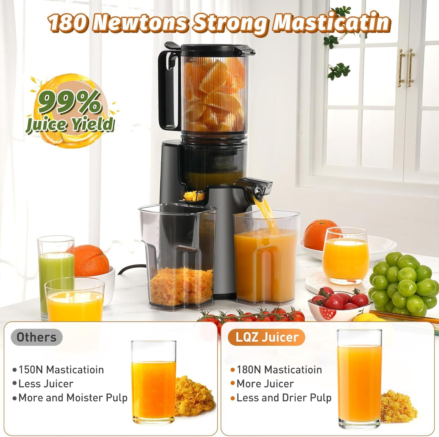 Cold Press Juicer, Juicer Machines with 5.4" Wide Feed Chute for Juice Extractor, Professional Slow Masticating Juicer for Whole Vegetables & Fruits with High Juice Yield, Easy to Clean (Black)