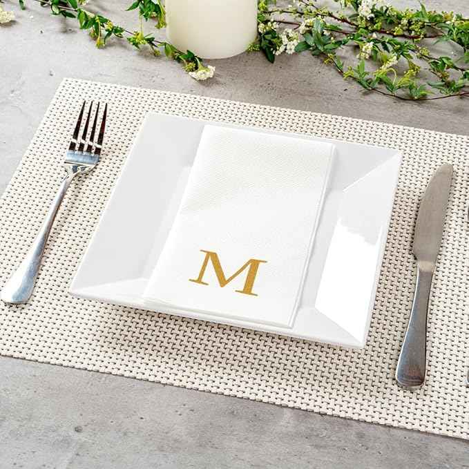 Luxenap 15.8 X 7.9 Inch Linen-Feel Guest Towels, 2000 Lettered Hand Towels - Gold Letter 'M', Sans Serif Font, White Paper Dinner Napkins, airlaid, For Restrooms And Tables