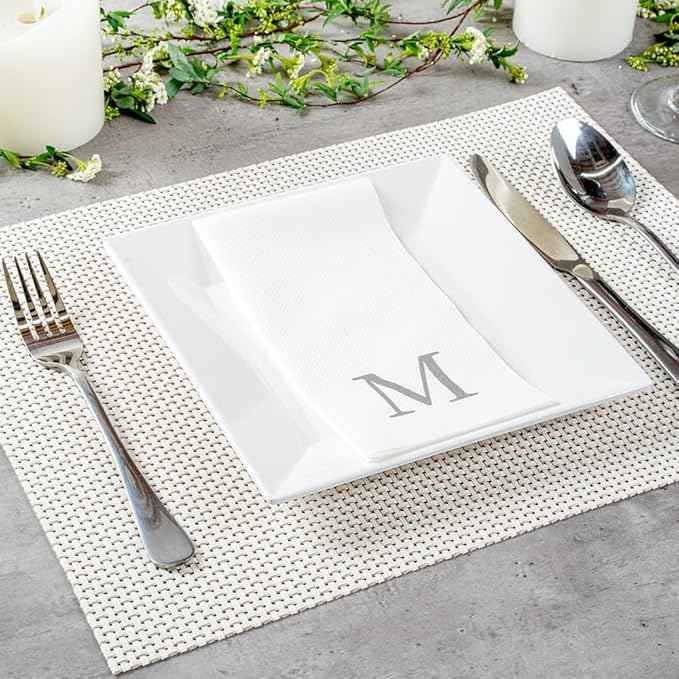 Luxenap 15.8 X 7.9 Inch Linen-Feel Guest Towels, 50 Lettered Hand Towels - Silver Letter 'M', Sans Serif Font, White Paper Dinner Napkins, airlaid, For Restrooms And Tables - Restaurantware