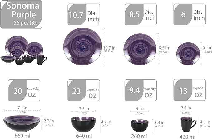 Stoneware Sonoma 56pc Dinnerware Set, Black + Speckled Spin Wash Purple