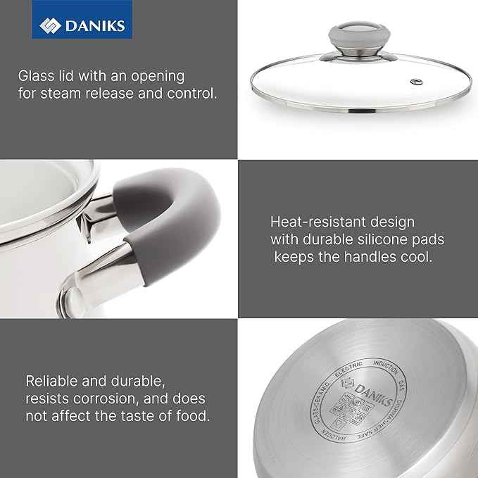 Daniks Modern 6-Piece Stainless Steel Cookware Set with Glass Lids, Tri-Ply Bases for Even Heating, Induction Compatible, Dishwasher Safe, Heatproof Handles