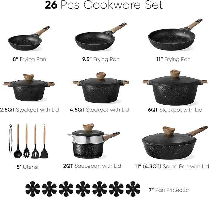 CAROTE 26PCS Pots and Pans Set Non Stick, Cookware Set Pots and Pans Induction Cook Ware, Nonstick Kitchen Cooking, PFOA Free, Black