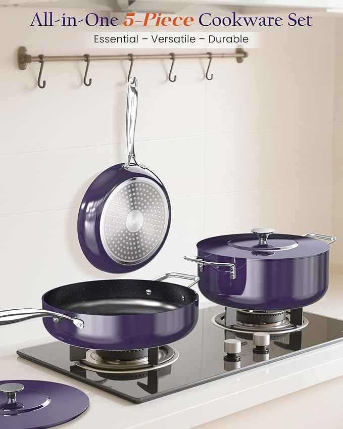 Nuwave Essential Series 5PC Ceramic Cookware Set PFAS-Free, G11 Duralon Blue Coating, Pots and Pans Set Non Stick, Diamond Scratch-Resistant,Stay-Cool Handle, Metal Lid,Induction Ready,Dishwasher Safe