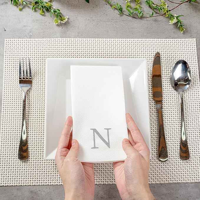 Luxenap 15.8 X 7.9 Inch Linen-Feel Guest Towels, 2000 Lettered Hand Towels - Silver Letter 'N', Sans Serif Font, White Paper Dinner Napkins, airlaid, For Restrooms And Tables - Restaurantware