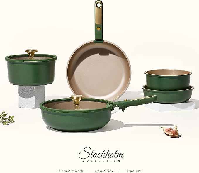 CAROTE Green&Gold Nonstick Cookware Set,15Pcs Pots and Pans Set Non Stick Detachable/Removable Handle,Kitchen Cooking Set Dishwasher Safe, RV Kitchen Pot and Pan, Induction Cookware
