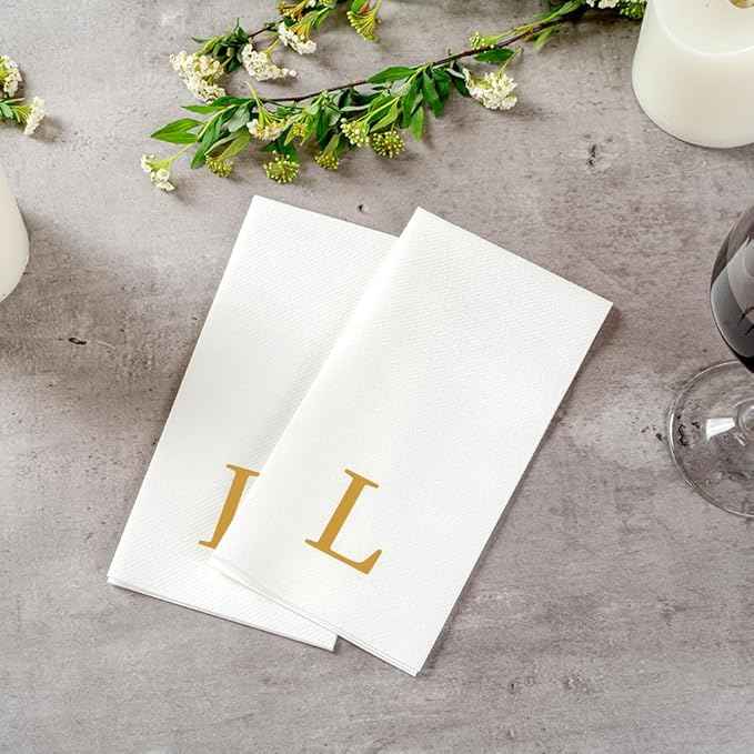 Luxenap 15.8 X 7.9 Inch Linen-Feel Guest Towels, 50 Lettered Hand Towels - Gold Letter 'L', Sans Serif Font, White Paper Dinner Napkins, airlaid, For Restrooms And Tables
