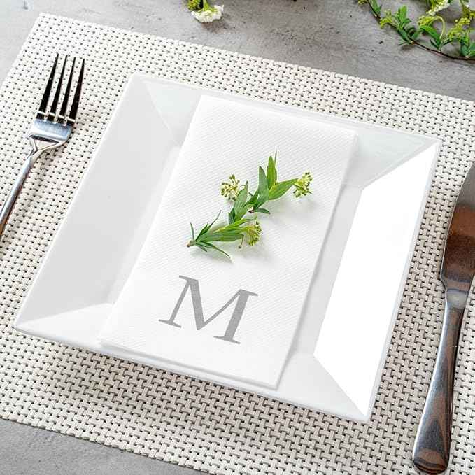 Luxenap 15.8 X 7.9 Inch Linen-Feel Guest Towels, 2000 Lettered Hand Towels - Silver Letter 'M', Sans Serif Font, White Paper Dinner Napkins, airlaid, For Restrooms And Tables - Restaurantware