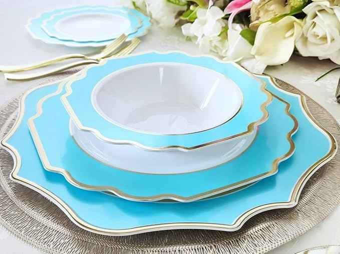 " OCCASIONS " 200 Piece set (25 Guests)-Wedding Plastic Plates & cutlery -Disposable heavyweight Dinnerware 10.5'', 8''+Silverware+Cups+Napkins (Imperial Aqua & Gold))