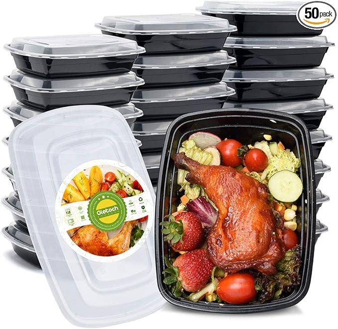 Glotoch 50 Pack (100-Piece) 32 oz 1 Compartment Meal Prep Containers with Lids, Plastic Food Storage Containers for Lunch, Microwave, Freezer, and Dishwasher Safe Take out Containers