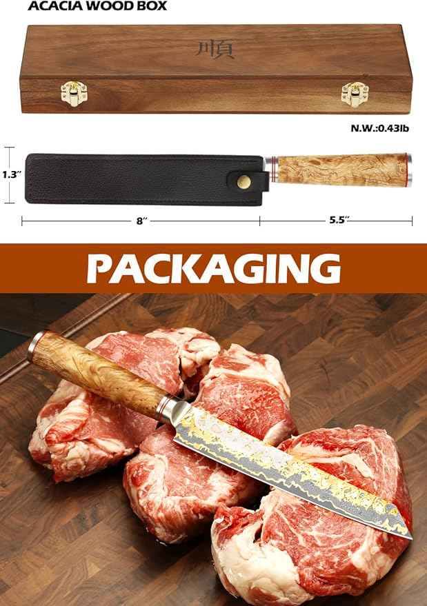 YOUSUNLONG Sujihiki Slicing Knife - 8 Inch Sashimi Sushi Knife - Handmade CuMai Copper Damascus Steel - Japanese Yanagiba Carving Knives Ultra Sharp - Naturel Burl Wooden Handle with Leather