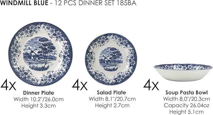 TUDOR ROYAL 12-Piece Porcelain Round Dinnerware Set, Service for 4, WINDMILL BLUE Design, Blue Floral, Plates Bowls Dishes, Premium Quality Tableware, Unique Pattern, Glossy