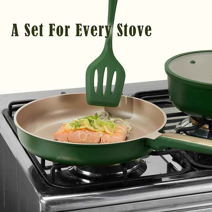 CAROTE Pots and Pans Set Non stick, 18pcs NonStick Kitchen Set Induction Cookware Non-toxic Cooking Set, Dishwasher/Oven Safe,Cookware Set,Green