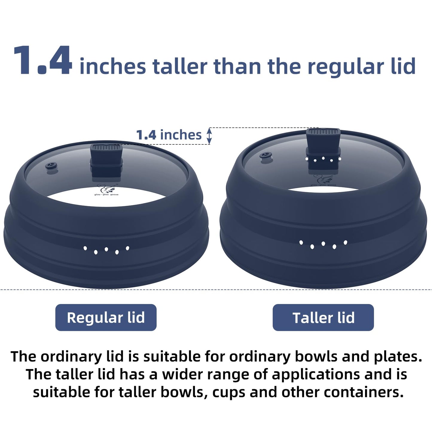 Tall Microwave Splatter Cover Glass Cover Guard Lid 5.8 inch Height with Collapsible Silicone for Food Pot Plate 10.8 inch Dark Blue (Taller style DARK BLUE / 10.8 inch)