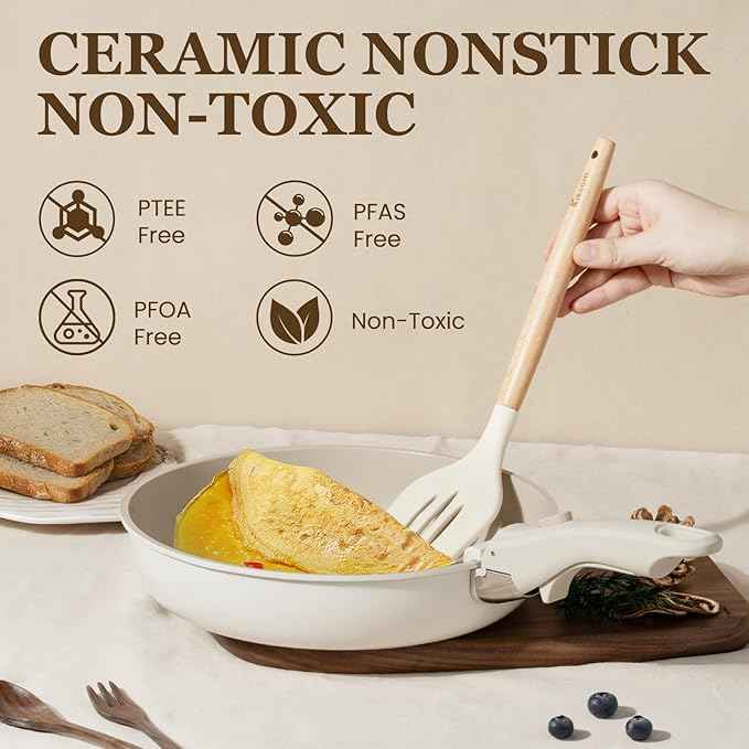KIKCOIN Nonstick Pots and Pans Set, 20 Pack Ceramic Cookware Set with Detachable Handle, Induction RV Kitchen Cooking Set with Removable Handle, Frying Pans - Dishwasher/Oven Safe, PFOA Free