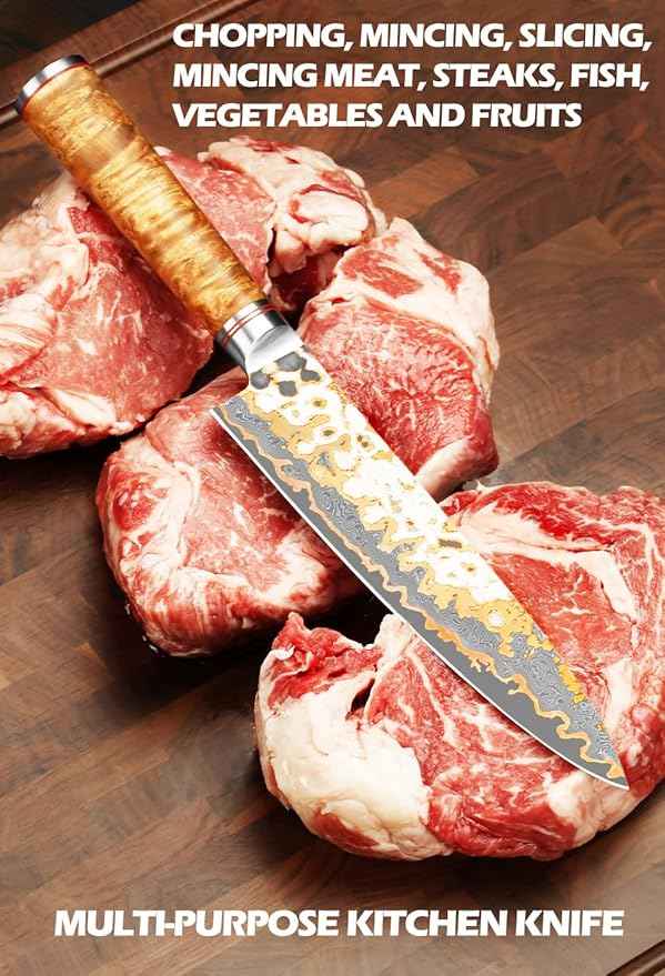 YOUSUNLONG Chef Knife - 8'' Blade Japanese Handmade Copper Damascus Steel - Professional Chef's Knife - Razor Sharp Slicing Knife - Naturel Burl Wooden Handle with Leather and Acacia Wood Box
