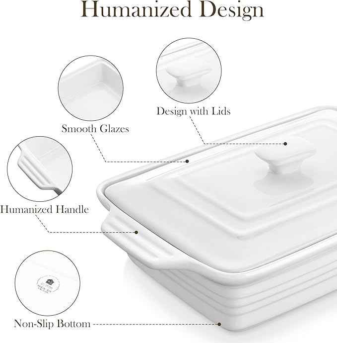 MALACASA Casserole Dish for Oven, 4.4 Qt Porcelain Baking Dish with Lid, 9x13 Baking Pan with Handles, Large Lasagna Pan Deep, Rectangular Bakeware, Microwave Safe, White, Series BAKE