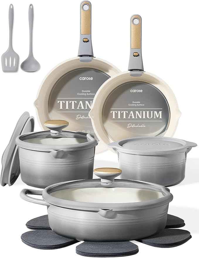 CAROTE 17Pcs Titanium Cookware Set, Pots and Pans Set Non Stick, Kitchen Cooking Set with Detachable Handle, Non Toxic Induction Cookware, Dishwasher/Oven Safe