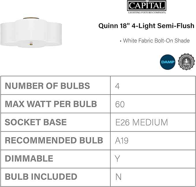 Capital Lighting 4453BG-561 Quinn Decorative Fabric Shade Semi Flush Ceiling Light Fixture, 4-Light 240 Total Watts, 8" H x 18" W, Brushed Gold