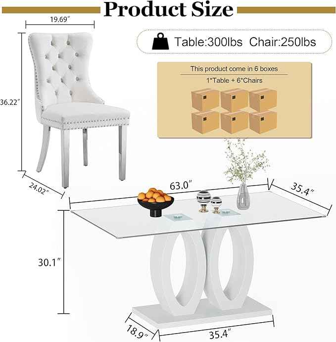 63" Glass Dining Table Set for 6, 7-Piece Rectangular Kitchen Table with Tempered Glass Top, White Double O-Shaped MDF Base, and 6 White Velvet Upholstered Chairs for Dining Room, Living Room, Office
