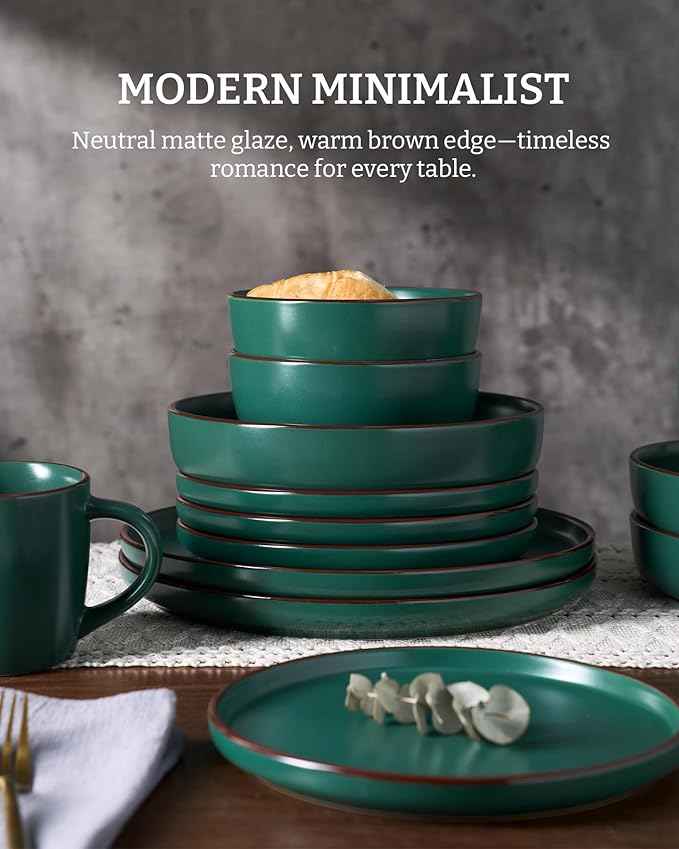 Famiware Mercury Plates and Bowls Sets, 12 Pieces Stoneware Dinnerware Sets, Dishes Set for 4, Microwave and Dishwasher Safe, Dark Green