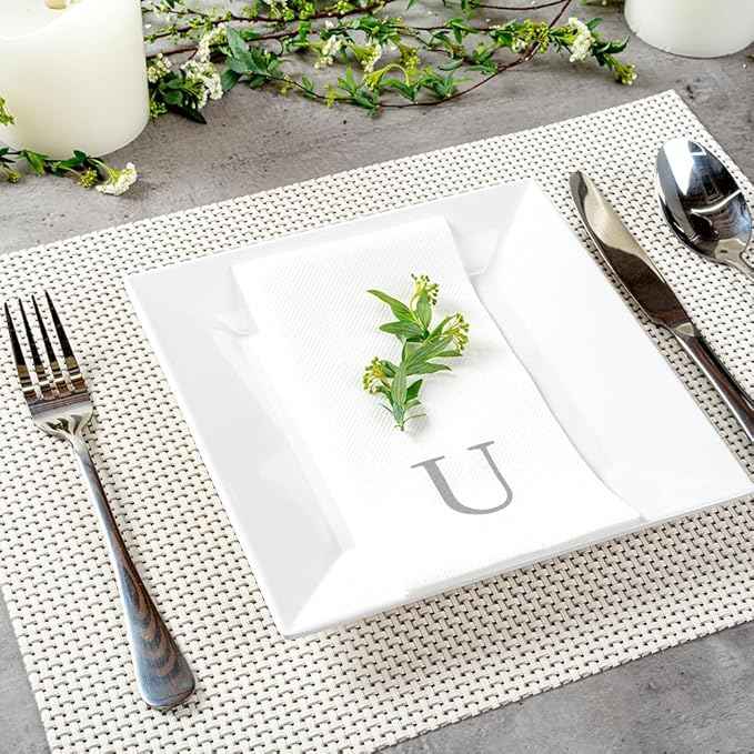Luxenap 15.8 X 7.9 Inch Linen-Feel Guest Towels, 2000 Lettered Hand Towels - Silver Letter 'U', Sans Serif Font, White Paper Dinner Napkins, airlaid, For Restrooms And Tables - Restaurantware