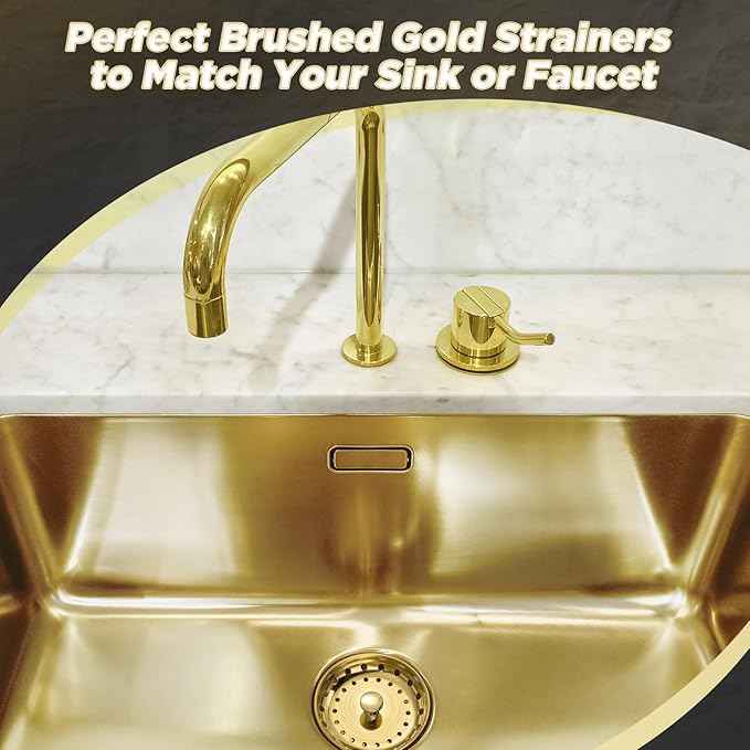 Mudder 3 Pcs Kitchen Sink Drain Strainer and Stopper Stainless Steel Garbage Disposal Plug with Handle Universal Anti-Clogging Kitchen Sink Filter Sieve Basket Strainer(Antique Gold)