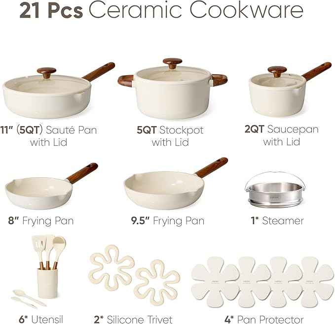 CAROTE 21pcs Cookware Set Nonstick Pots and Pans Set, Ceramic Cookware Set Induction Cookware, Non toxic Healthy Non Stick Kitchen Cooking Set, PFAS PTFE Free, White