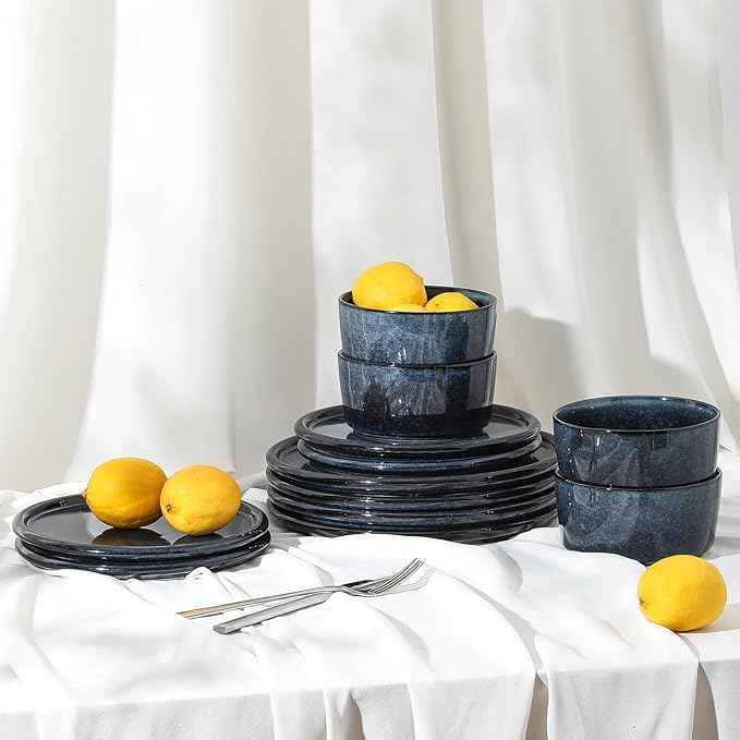 Stone Lain Eden 12-Piece Dinnerware Set Stoneware, Plates and Bowls Set, Dishwasher and Microwave Safe Dish, Dish Set for 4, Dark Blue