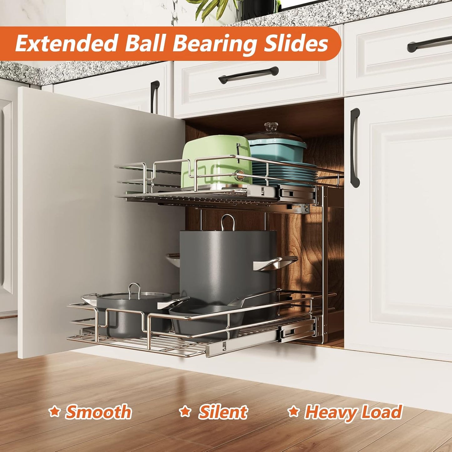 ROOMTEC Individual Pull Out Cabinet Organizer (22½"W x 21½"D), 2 Tier Spice Rack Organizer for Cabinet, Slide Out Drawer Pantry Shelf Organization and Storage for Kitchen Bathroom