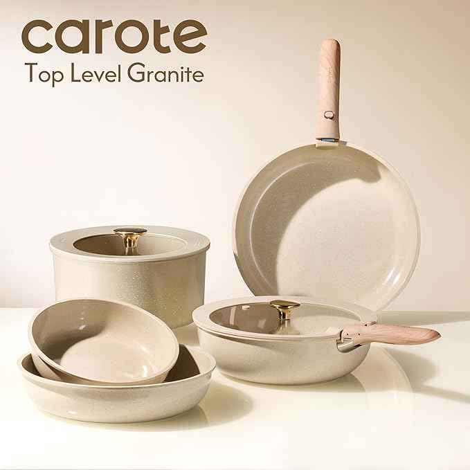 CAROTE 22PCS Pots and Pans set Non Stick, Ceramic Cookware Set, RV Kitchen Cooking Set Removable Handles, Oven Safe, Induction Coolware, Non-toxic Kitchen Cooking Set, PFAS and PFOA Free
