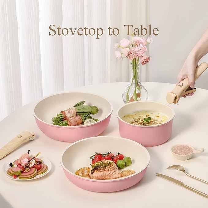 CAROTE Pots and Pans Set, Nonstick Cookware Set Detachable Handle, 19pcs Induction Kitchen Cookware Sets Non Stick with Removable Handle, RV Cookware Set, Oven Safe, Pink