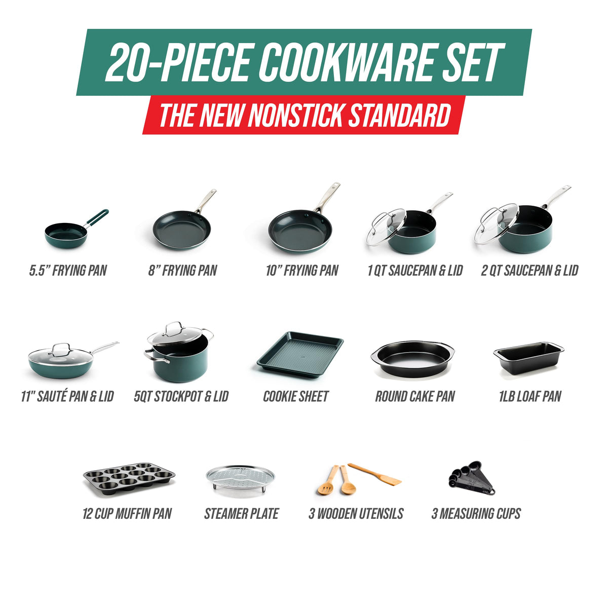 20 Piece Cookware and Bakeware Set (Green)