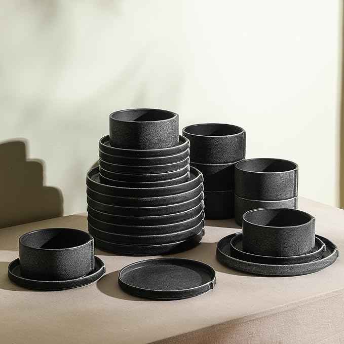 Stone Lain Bao Charcoal 24-Piece Stoneware Dinnerware Set – Service for 8, Round Dinner, Salad & Cereal Plates – Modern Textured Tableware for Everyday Dining & Entertaining