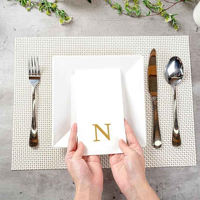 Luxenap 15.8 X 7.9 Inch Linen-Feel Guest Towels, 2000 Lettered Hand Towels - Gold Letter 'N', Sans Serif Font, White Paper Dinner Napkins, airlaid, For Restrooms And Tables