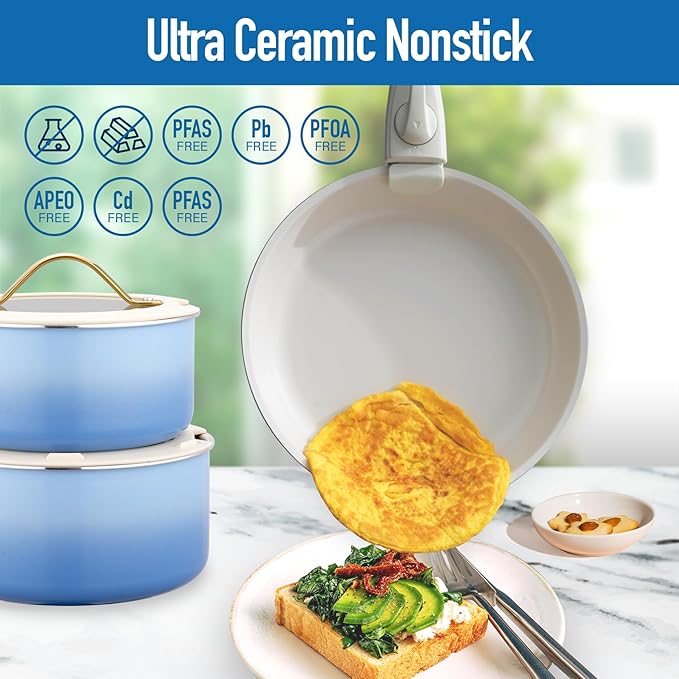 ONGIFT 20pcs Ceramic Cookware Set Nonstick, Detachable Handle Pots and Pans Set, Non Toxic,No PFAS & PTFE & PFOA, Dishwasher/Oven Safe, RV Kitchen Set Removable Handle for Cooking, Blue