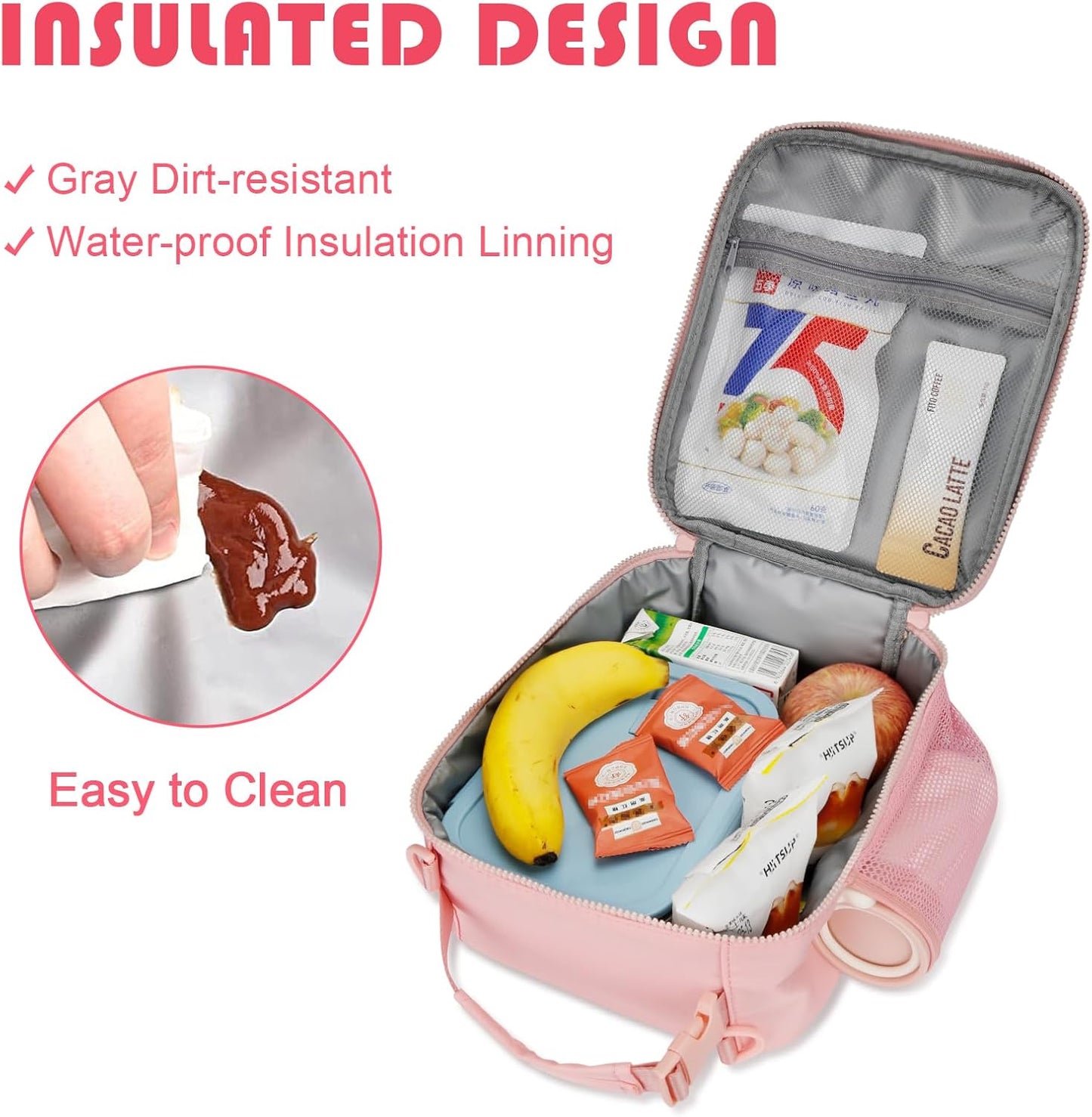 Initial Insulated Lunch Bag for Girls Kids, Back to School Gift, Reusable Leak-proof Lunch Box with Adjustable Strap for School Daycare Travel Picnic (Pink,C)