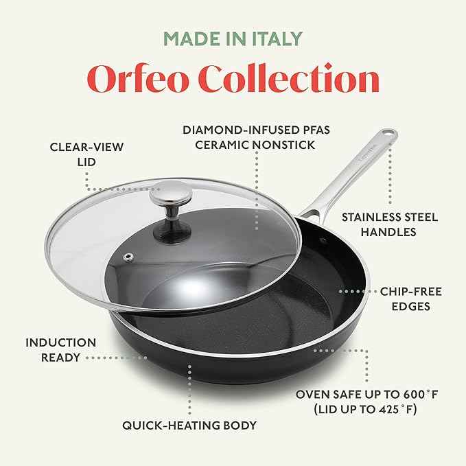 Orfeo 3QT Nonstick Saute Pan with Lid, Made in Italy, Diamond Ceramic PFAS-Free Cookware, Induction Ready, Scratch Resistant, Laser-Fused Surface for Durability, Dishwasher Safe, Black
