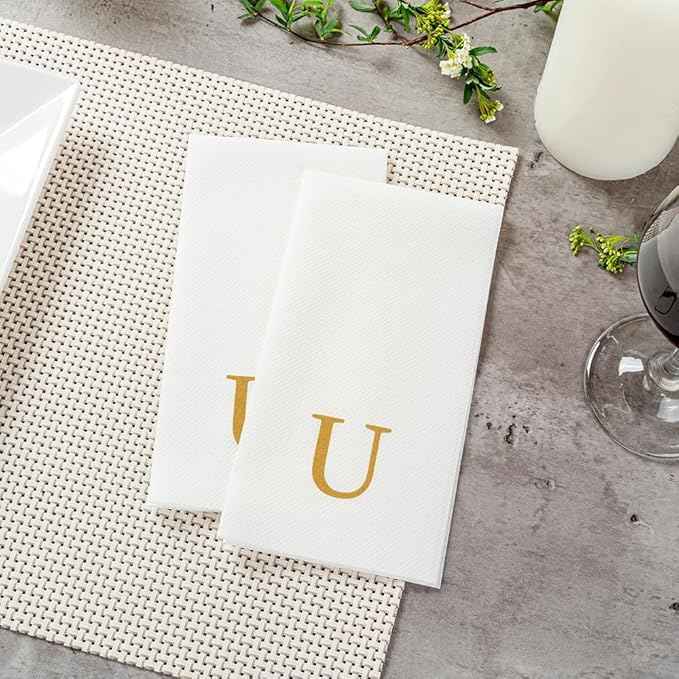 Luxenap 15.8 X 7.9 Inch Linen-Feel Guest Towels, 2000 Lettered Hand Towels - Gold Letter 'U', Sans Serif Font, White Paper Dinner Napkins, airlaid, For Restrooms And Tables