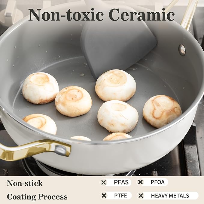 10-Inch Ceramic Non-Stick Cookware Set, 8-in-1 Multifunctional Cookware, Interior & Exterior Ceramic Coating, PFAS/PTFE/PFOA-Free, Compatible with All Stovetops， Oven-Safe up to 450°F
